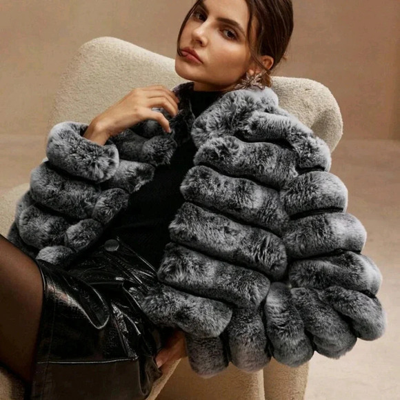 Black & Faded Two-Tone Embossed Fluffy Jacket, Warm Padded Coat For Women - Picture 1 of 6